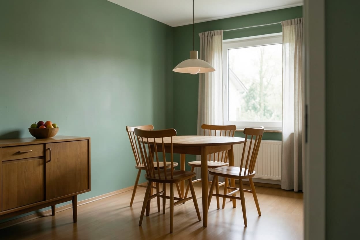 El mismo rincón de comedor con las paredes pintadas de verde salvia y los muebles intactos