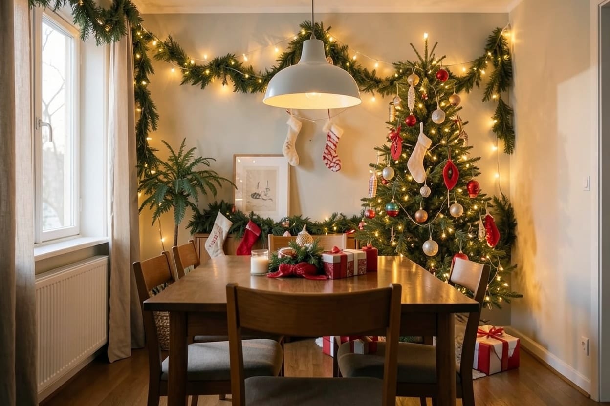 Parehong silid-kainan na may garland at kandila sa mesa, halaman sa nakabiting ilaw at maliit na Christmas tree sa sulok