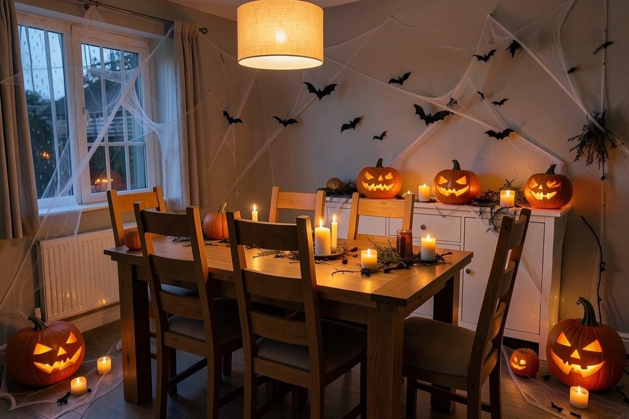 The same dining room set for a Halloween party with candles, jack-o'-lanterns and cobwebs on the pendant light
