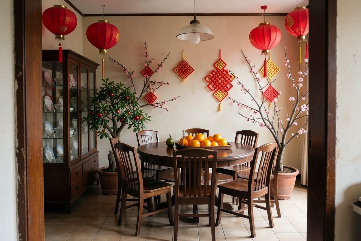 同一間飯廳用農曆新年主題布置後,圓桌鋪上紅色桌巾,吊燈旁掛著紅燈籠