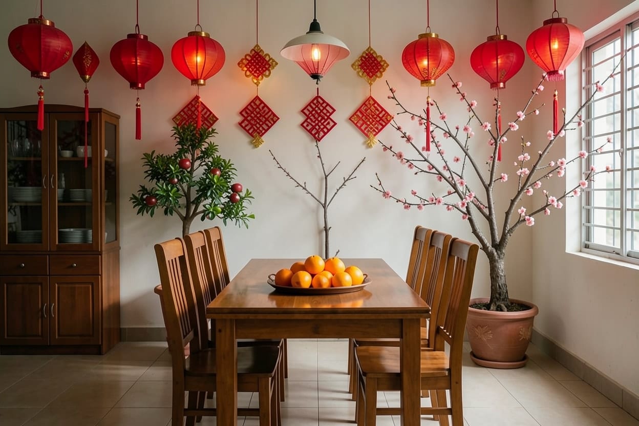 Góc bàn ăn ấy trang trí Tết với sắc đỏ, hoa và đồ trang trí trên bàn và mảng tường phía sau, bàn ghế giữ nguyên