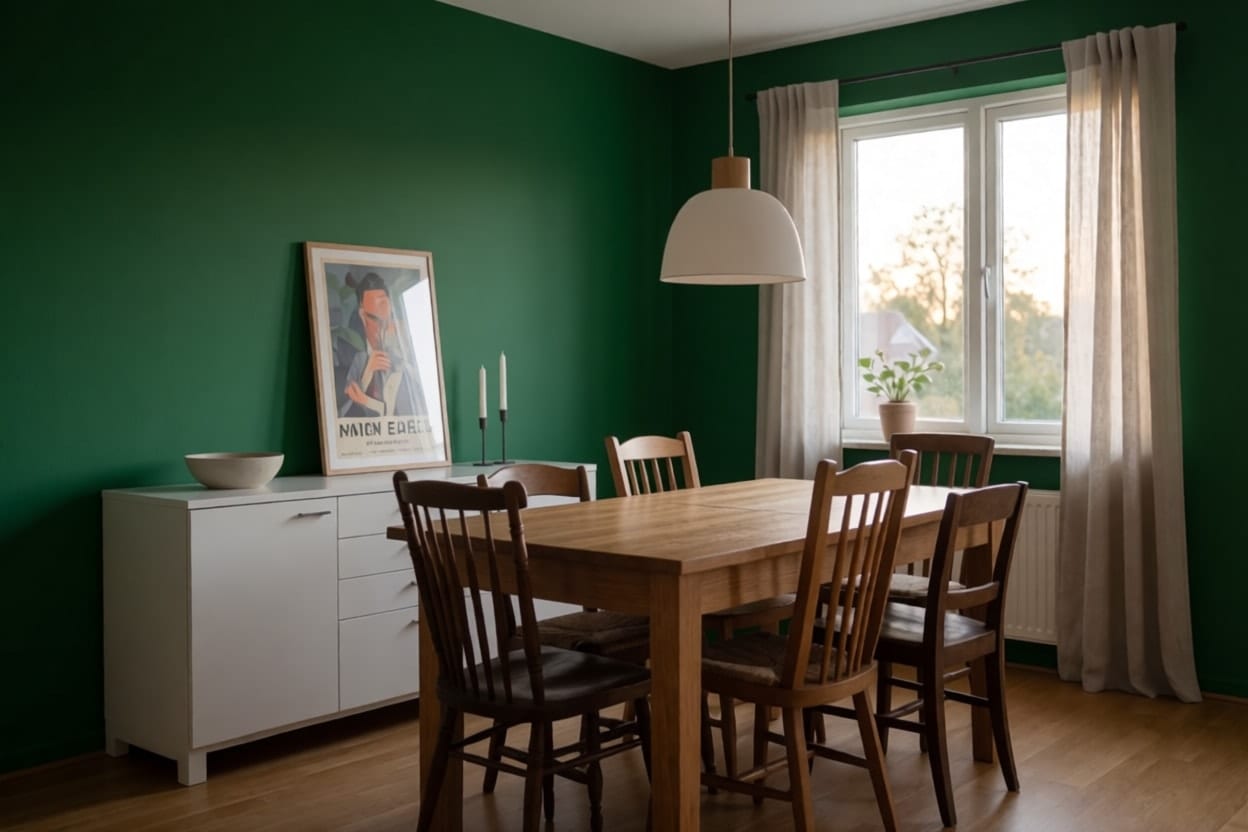 Derselbe Essbereich mit tannengrün gestrichenen Wänden, Tisch, Stühle und Sideboard unverändert