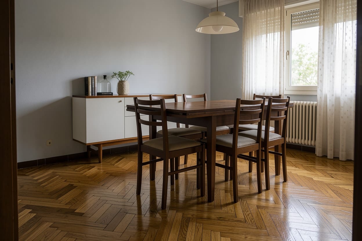 The same dining area with a herringbone oak floor, the table, chairs and sideboard exactly where they were