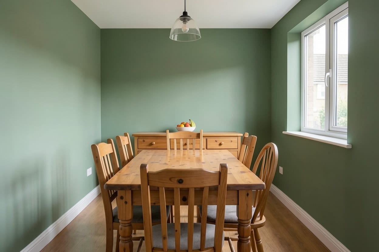 The same dining room with sage green walls and the same table, chairs and pendant