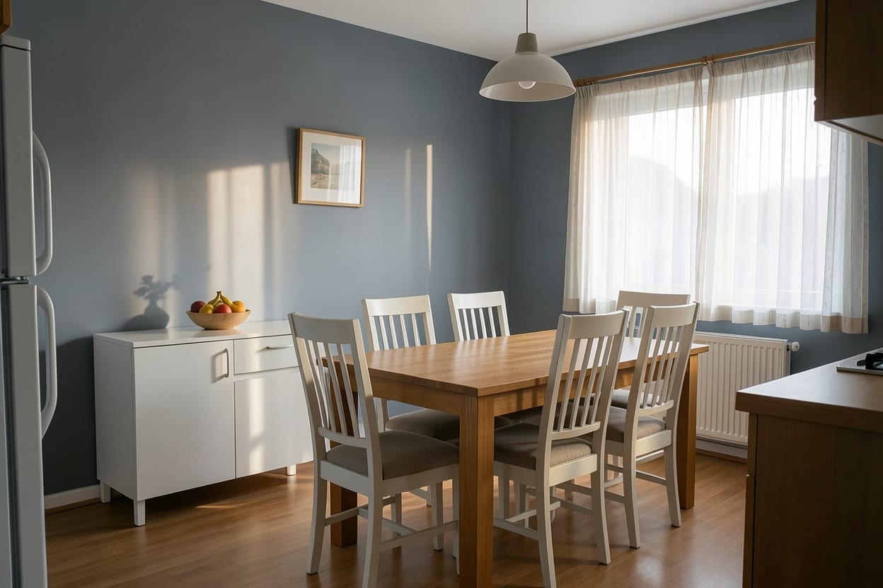 Dezelfde eetkamer met grijsblauwe muren, tafel en vloer onveranderd