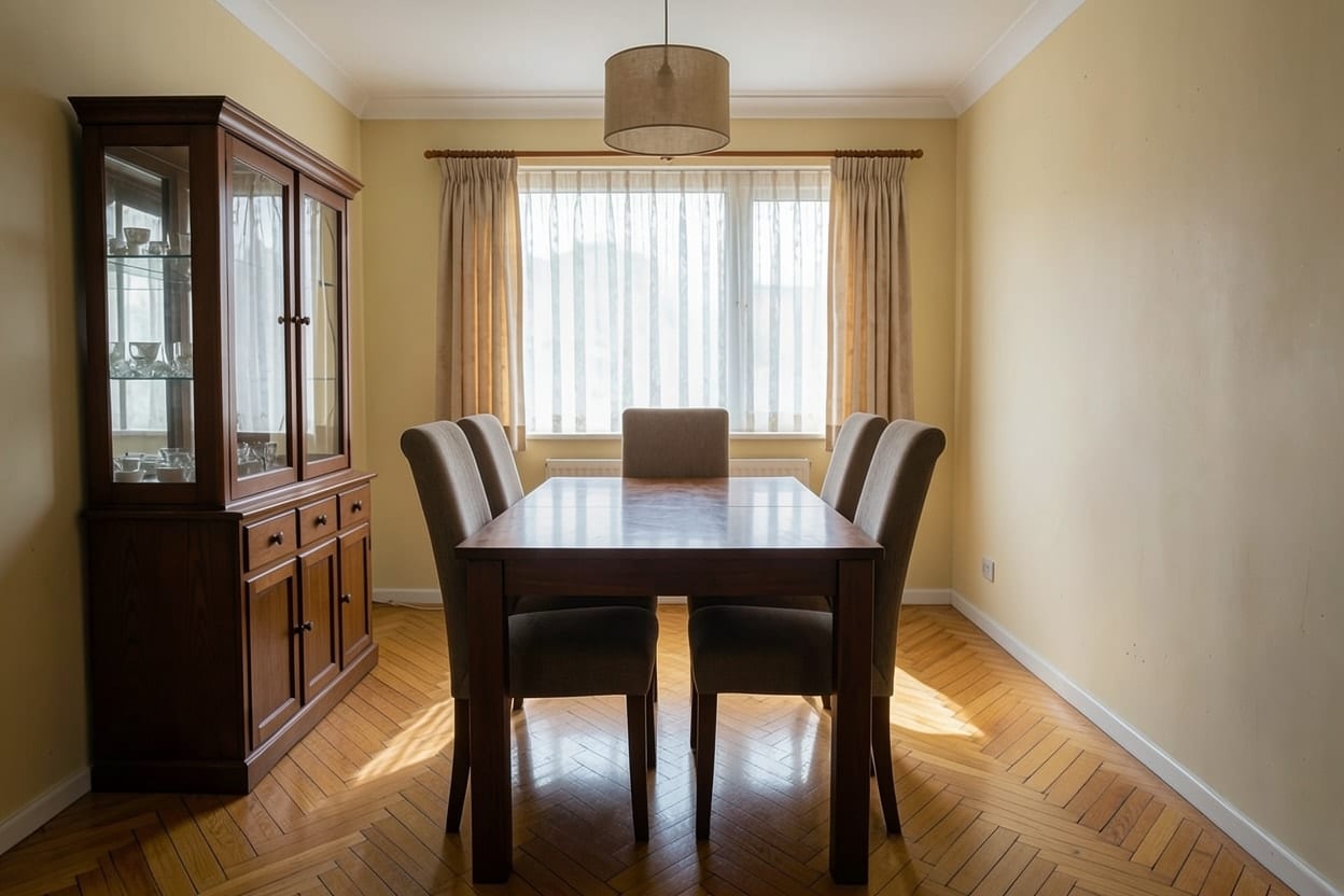 Una sala da pranzo con tavolo in legno scuro e sedie imbottite su un nuovo parquet a spina di pesce