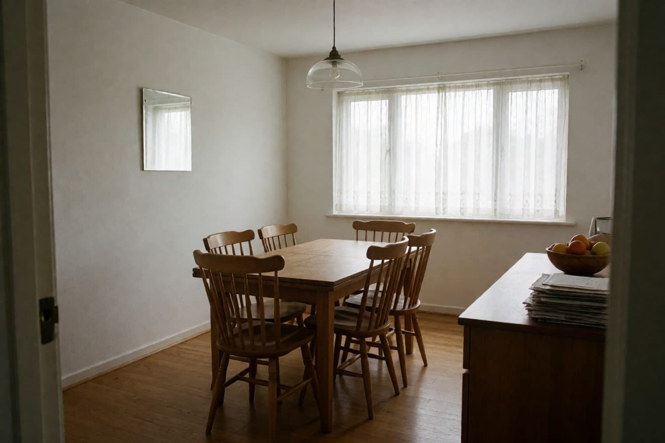 En spisestue med trebord, seks pinnestoler, glasslampe over bordet og helt hvite vegger