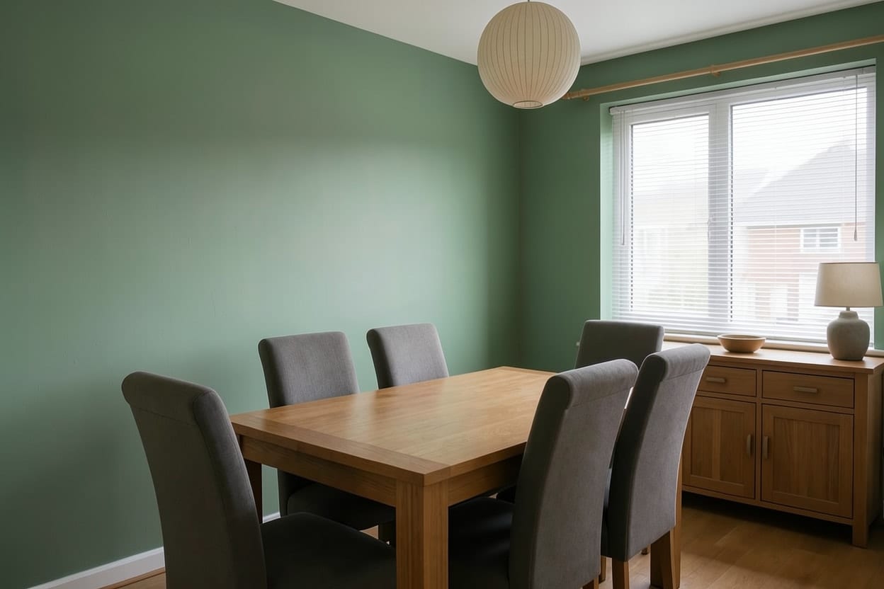 La stessa sala da pranzo con le pareti verde salvia, mobili e pavimento invariati
