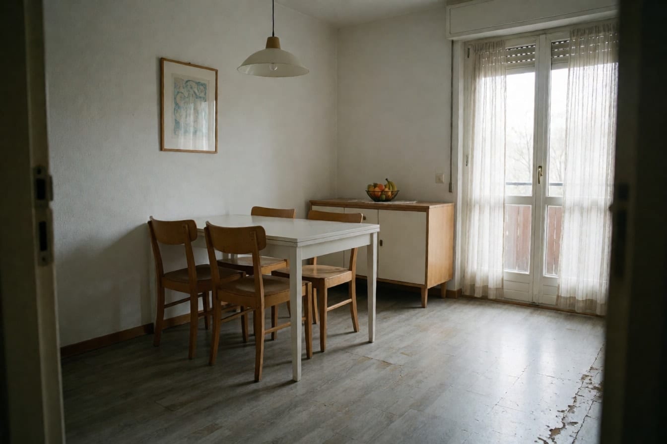 Jadalnia z wytartymi szarymi panelami odchodzącymi na krawędziach, białym stołem, czterema drewnianymi krzesłami i prostą lampą wiszącą