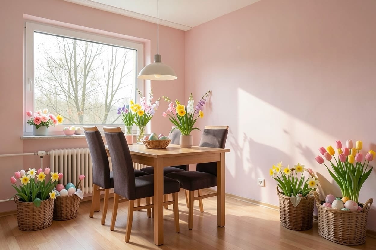 Dieselbe Essecke zu Ostern dekoriert, mit Pastellfarben, Tulpen, Osterglocken und bemalten Eiern in Körben und Schalen