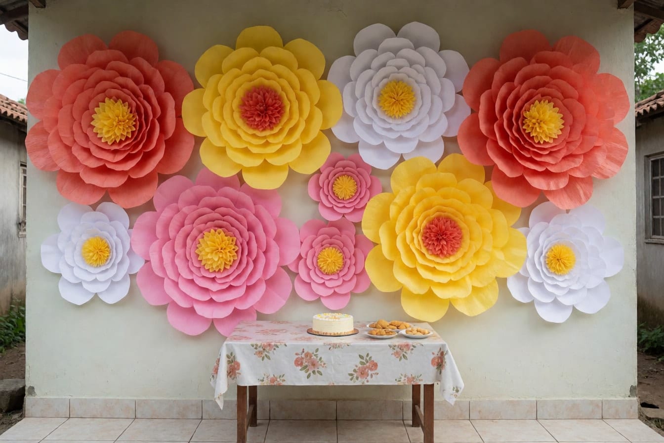 DIY na backdrop ng malalaking bulaklak na papel na coral, dilaw, pink at puti sa dingding, may mesa ng cake at meryenda sa harap
