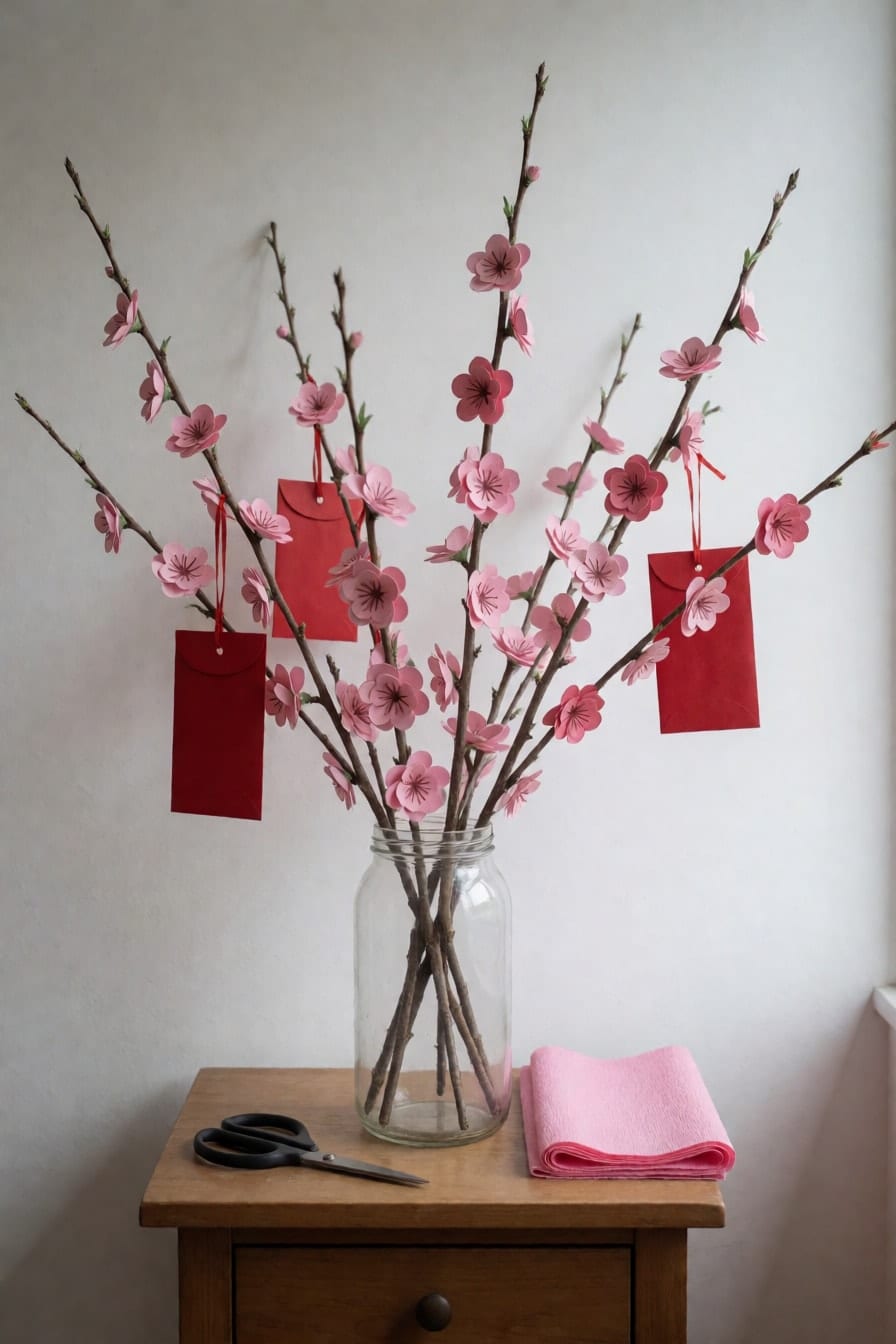 Cành khô trong bình thủy tinh cao gắn hoa đào bằng giấy và vải màu hồng, treo bao lì xì đỏ, bên cạnh là kéo và xấp giấy nhún hồng