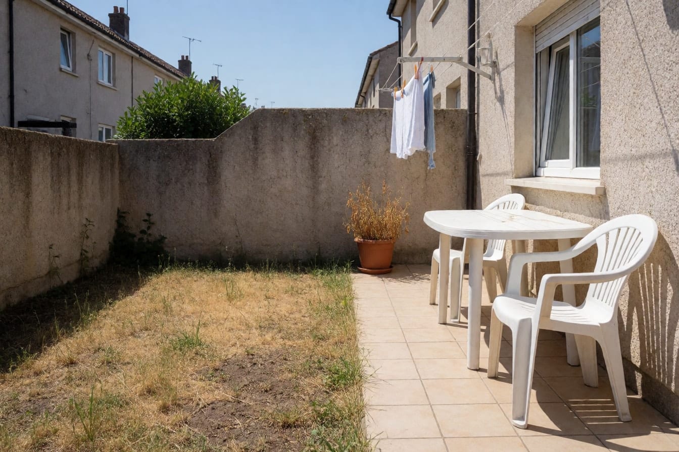 Kleine zonnige achtertuin met verdord geel gras, een gestucte muur, een smal terras van beige tegels, een witte plastic tafel en een waslijn