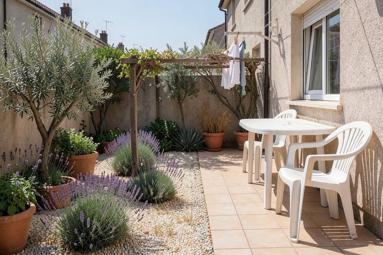 Dezelfde tuin in mediterrane stijl met grind, lavendel en rozemarijn, een olijfboom in een grote pot en het terras tegen de gestucte muur