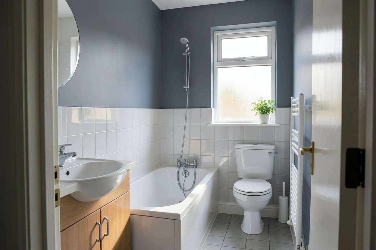 El mismo baño con las paredes pintadas de azul empolvado sobre el zócalo de azulejo blanco