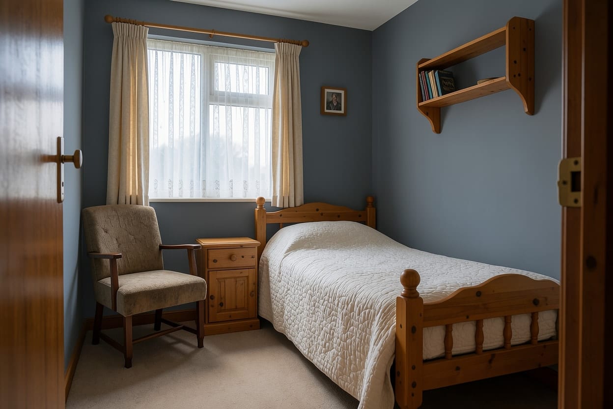 Dasselbe Gästezimmer mit taubenblauen Wänden, cremefarbener Steppdecke und Möbeln aus Kiefernholz