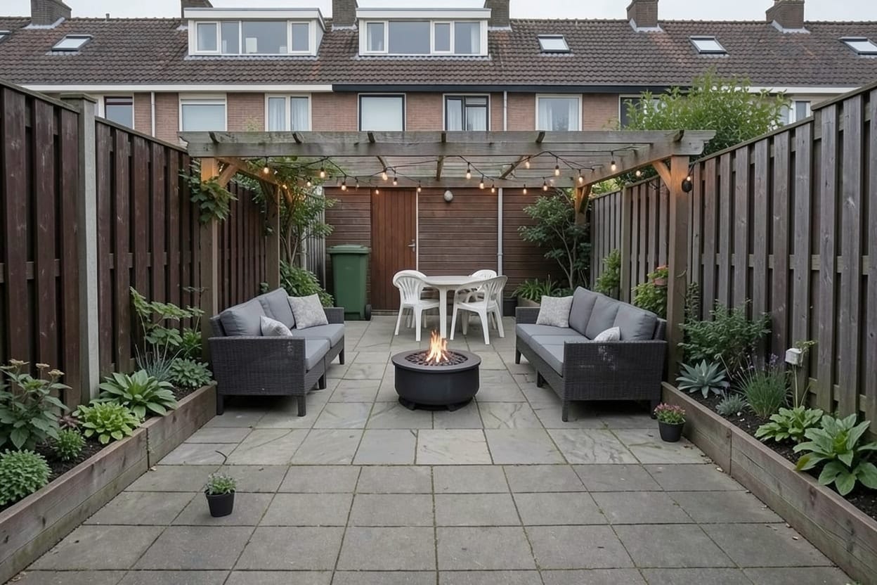 Smalle achtertuin van een rijtjeshuis als loungetuin, met loungeset, plantenbakken, klimplanten tegen de houten schutting en warme verlichting