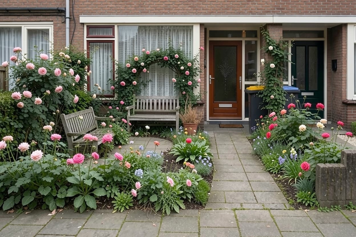 Dezelfde voortuin vol bloeiende vaste planten en lavendel langs een smal pad naar de voordeur, met nog een verharde plek bij de gevel