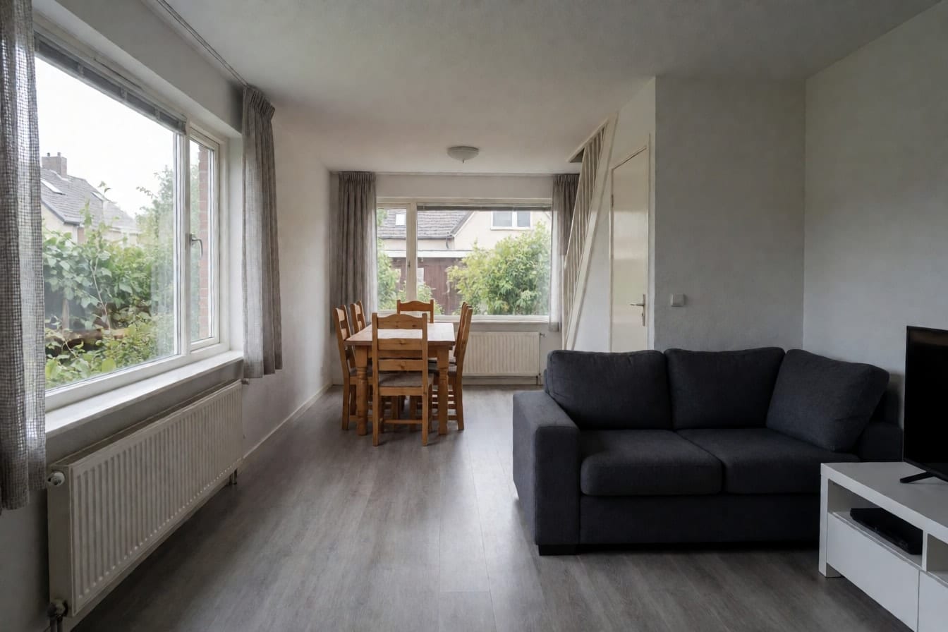 Een doorzonwoonkamer van voor naar achter, met grijs laminaat, vitrage, een donkergrijze hoekbank en een grenen eettafel