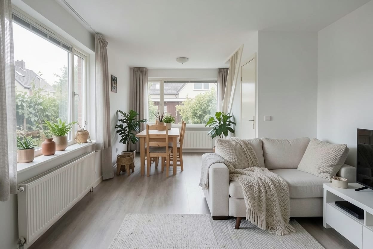 Een lange doorzonwoonkamer van een rijtjeshuis in Scandinavische stijl, met licht hout, witte stoffen en de eettafel bij het tuinraam