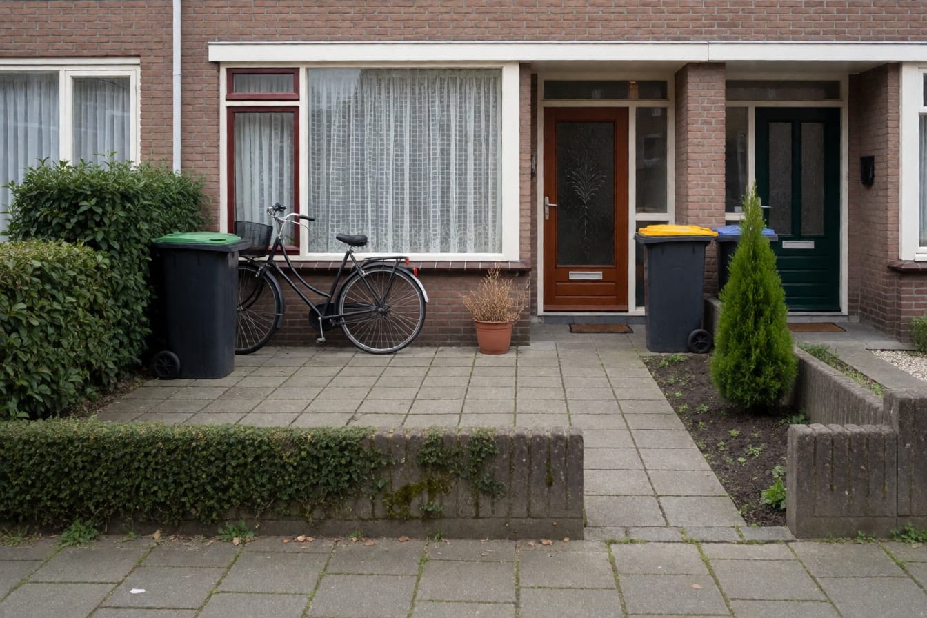 Betegelde voortuin van een rijtjeshuis uit de jaren zeventig met een fiets tegen de bakstenen gevel, twee kliko's, een lage heg en één conifeer