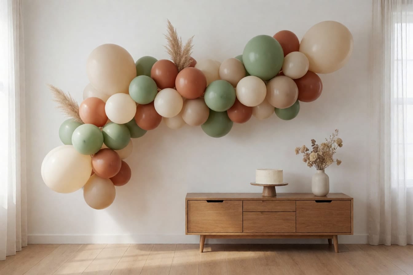 Organic balloon garland na beige, sage green, terracotta at cream na may pampas, sa puting dingding sa itaas ng kahoy na console na may puting cake