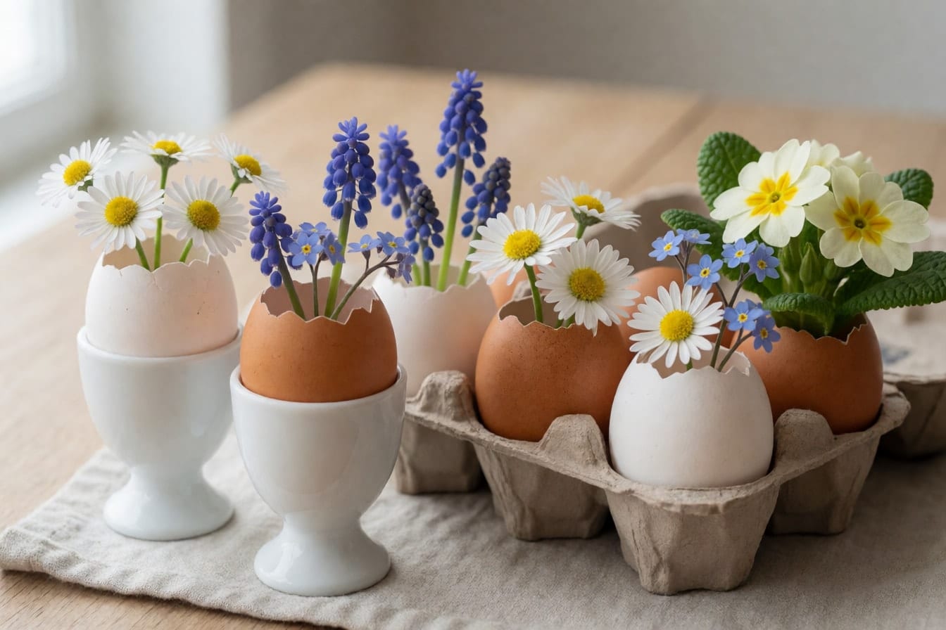 Weiße und braune Eierschalen in Eierbechern und Eierkarton, gefüllt mit Gänseblümchen, Vergissmeinnicht und Primeln