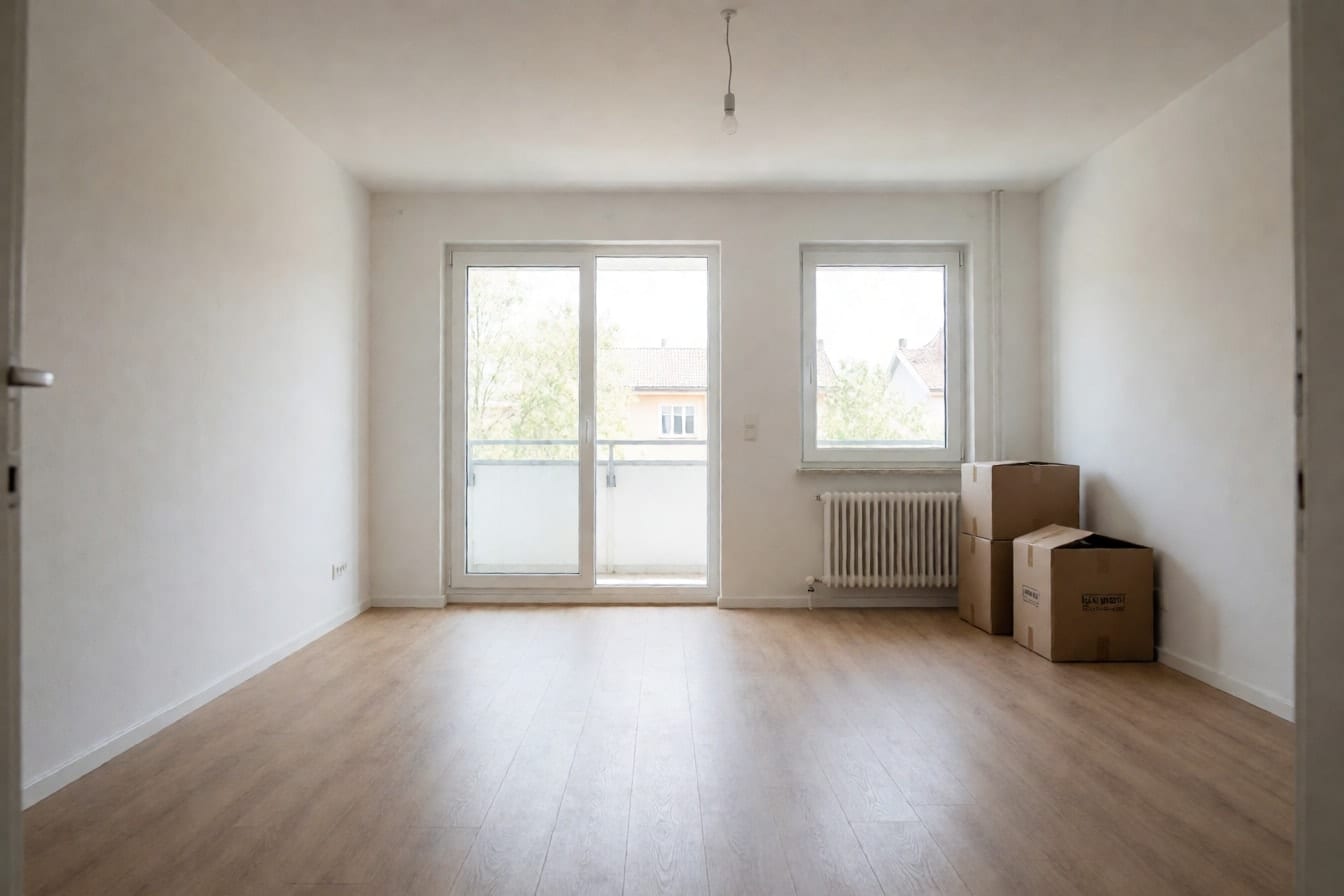 An empty apartment living room with white walls, a sliding balcony door and moving boxes