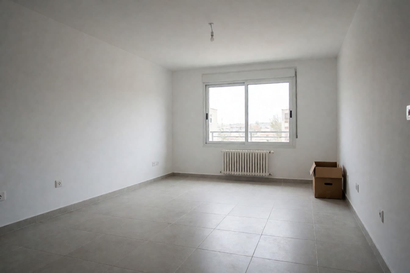 An empty apartment living room with white walls, gray tile floor and a sliding window