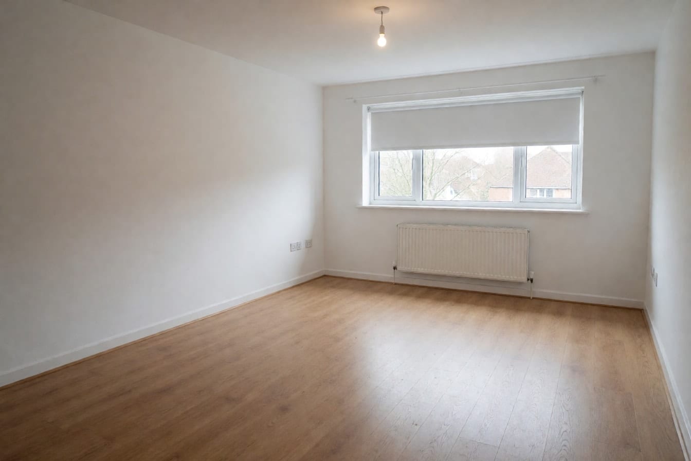 A bare apartment living room for sale with fresh white paint, a laminate floor and soft daylight from one wide window