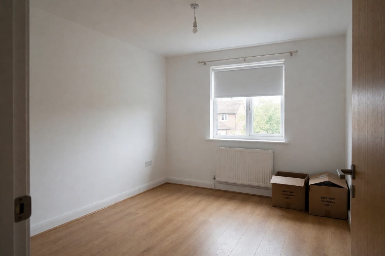 Leeres Schlafzimmer mit weißen Wänden, hellem Laminat, Heizkörper unter dem Fenster und zwei Umzugskartons in der Ecke