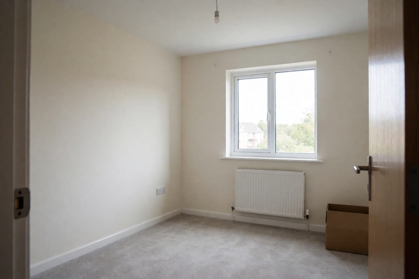 An empty apartment bedroom with off-white walls, grey carpet, a radiator under a bare window and one cardboard box