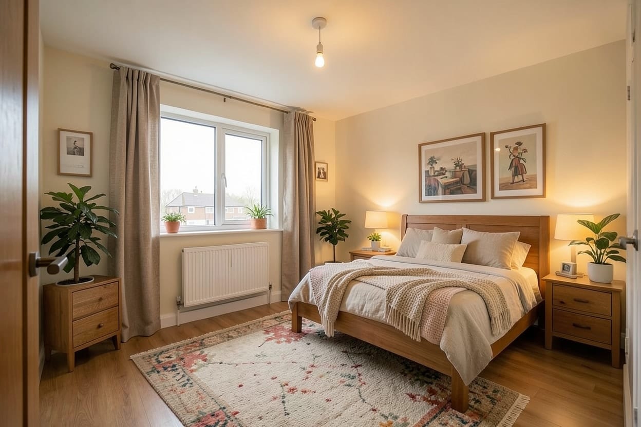 El mismo dormitorio amueblado en estilo acogedor, con cama, mesitas de noche, alfombra, cortinas y lámparas