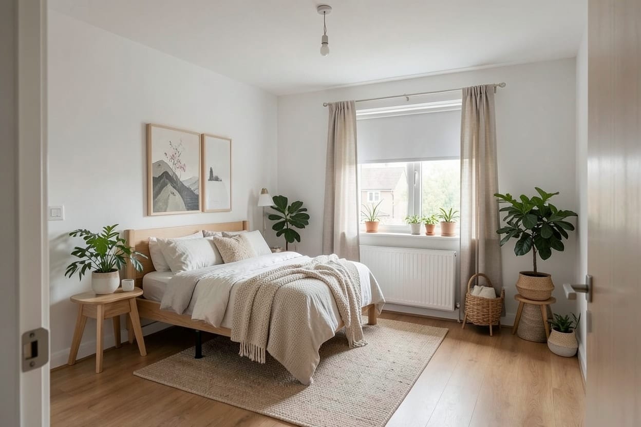 Dasselbe Zimmer skandinavisch eingerichtet mit hellem Holzbett, Nachttischen, Teppich und Pflanzen