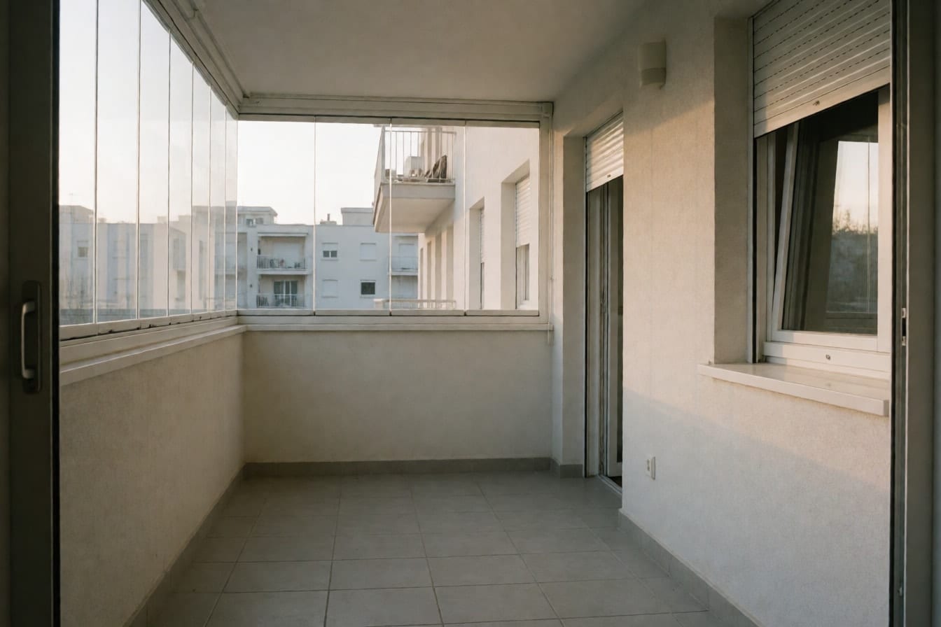 Katlanır cam panellerle kapatılmış, gri seramik zeminli ve yarı inik storlu boş bir balkon