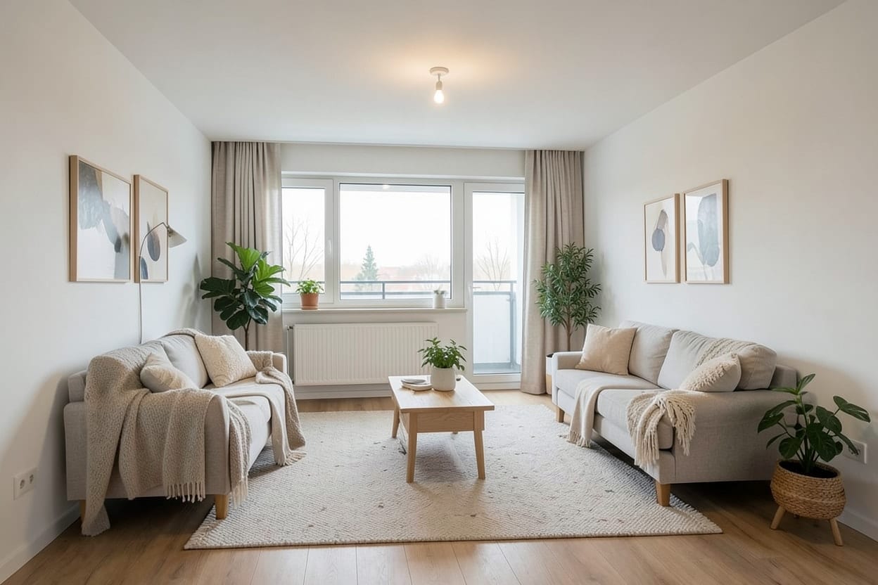 Același living mobilat în stil scandinav, cu canapea deschisă la culoare, covor, măsuță de lemn deschis și plante