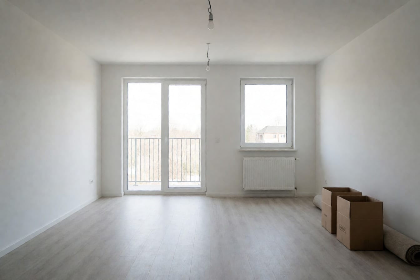 Een lege woonkamer in een nieuwbouwappartement met witte muren, grijs laminaat en twee verhuisdozen