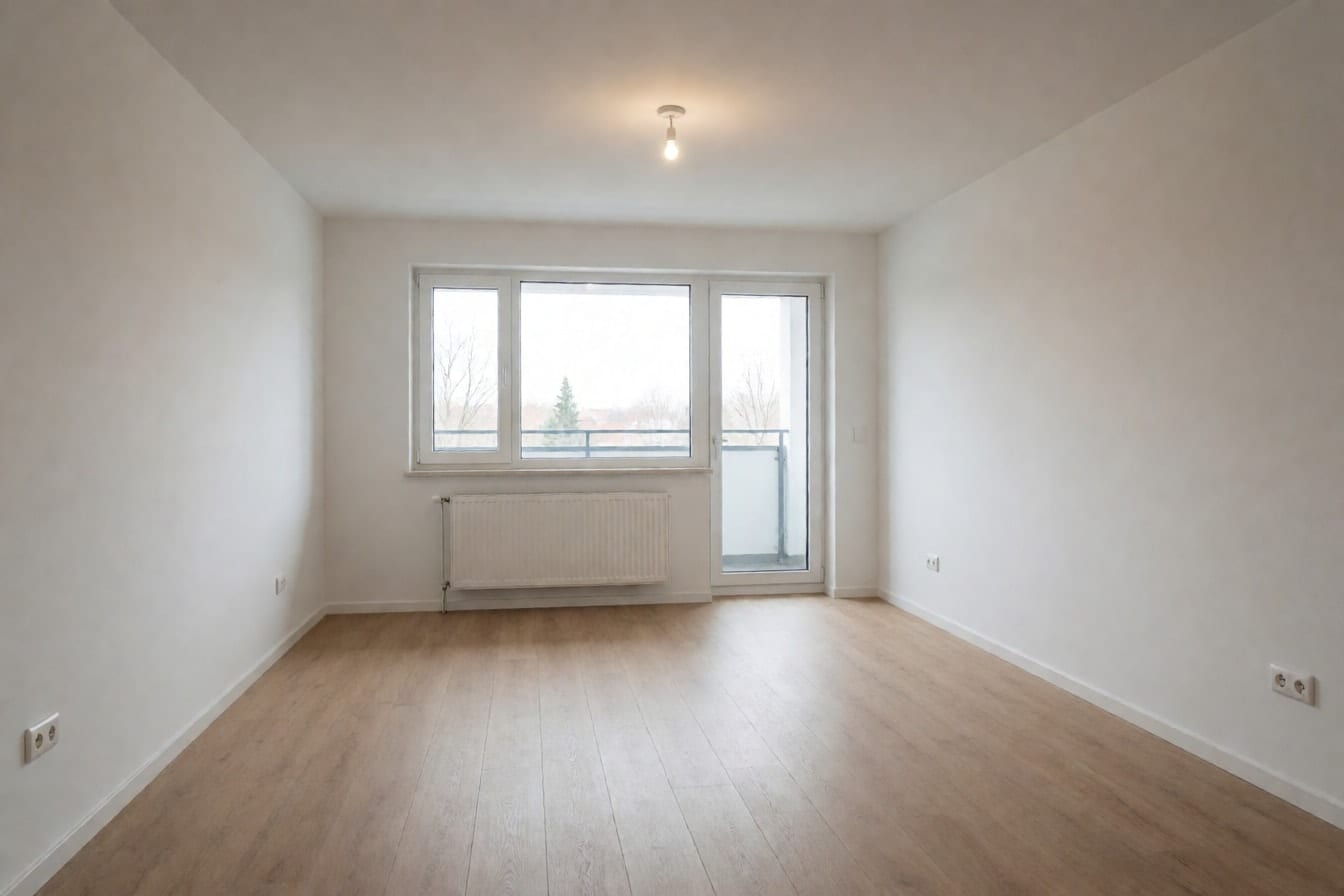 Living gol într-un apartament nou, cu pereți albi, parchet laminat deschis la culoare, fereastră largă și ușă de balcon