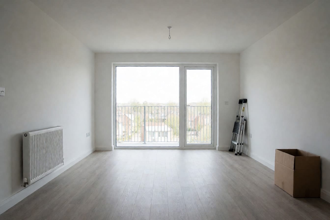 An empty living room in a new apartment with white walls, gray laminate floor, a radiator and a wide window to the balcony