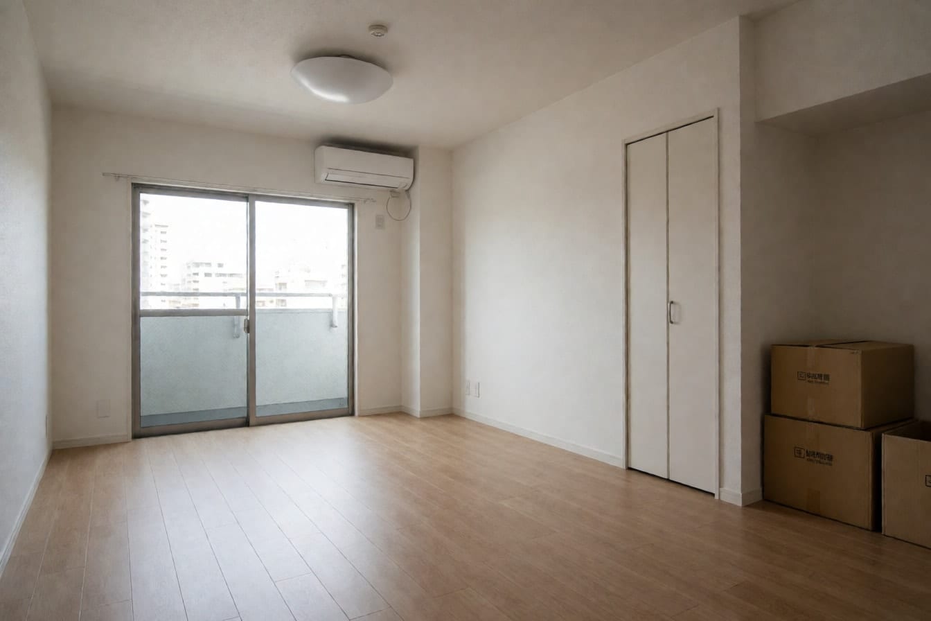 引っ越し前の新築マンションの、家具のないリビングとベランダの掃き出し窓