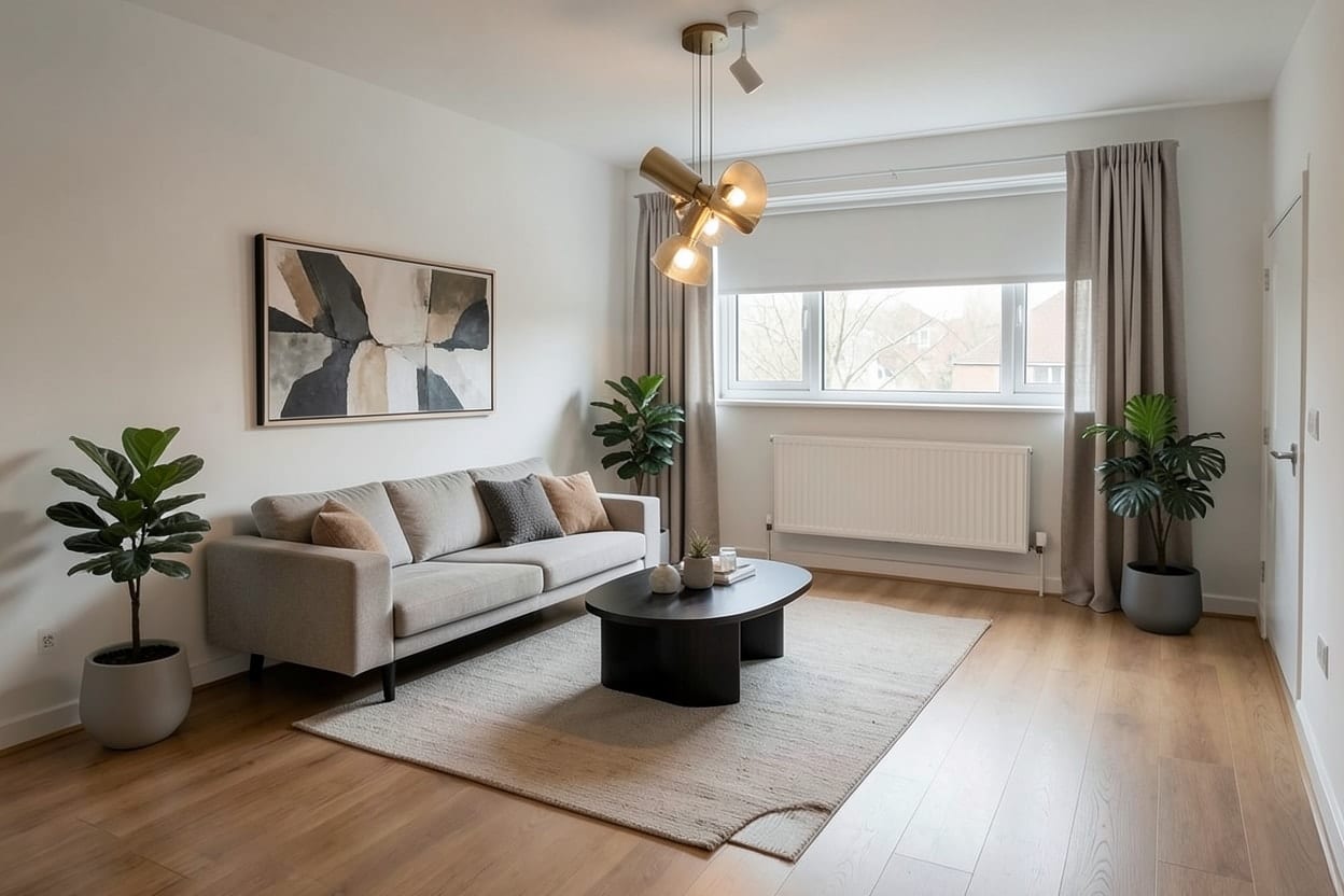 A vacant apartment living room virtually staged in a modern style with a sofa, a rug, a coffee table, lighting and wall art