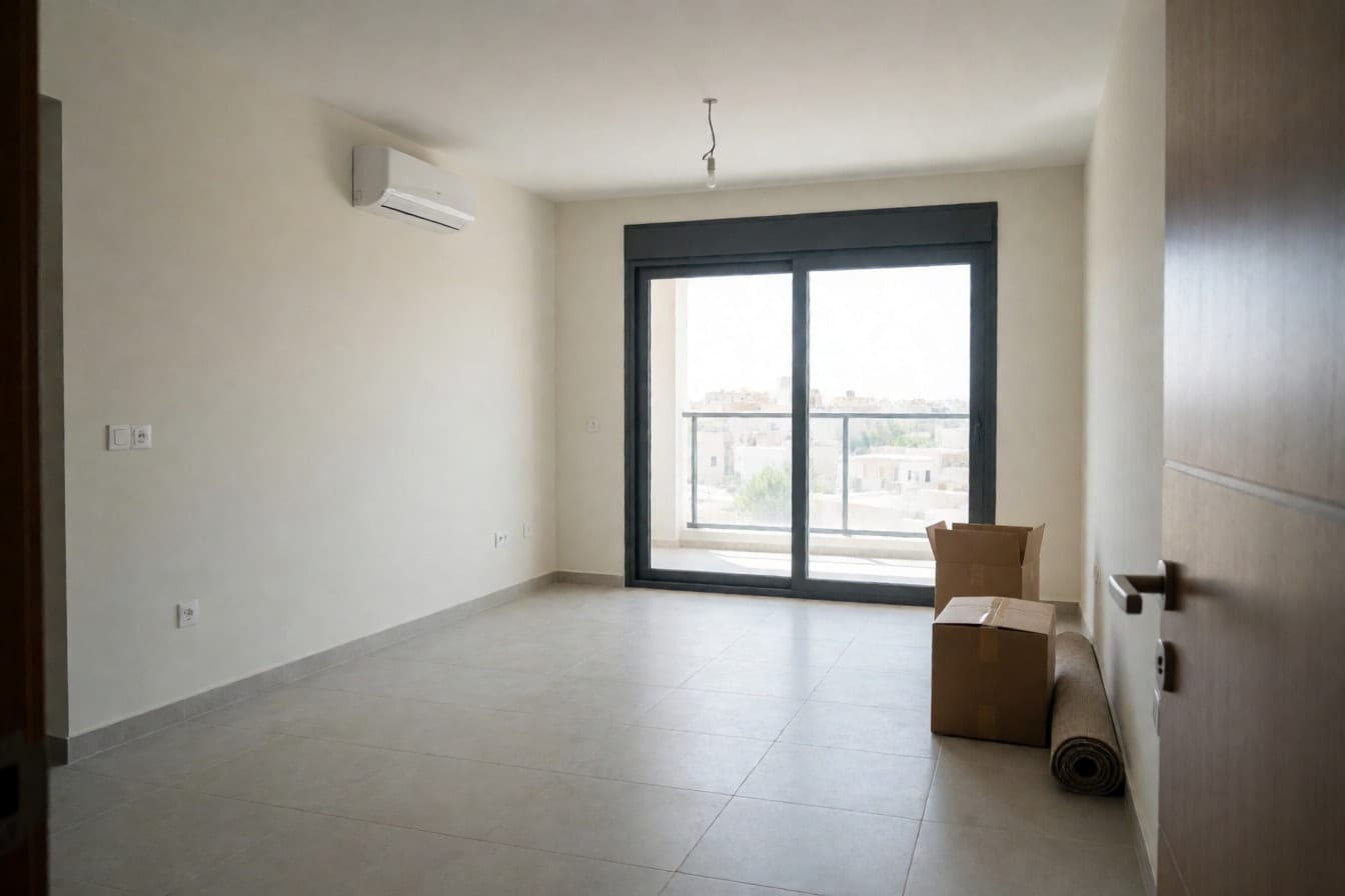 Sala vazia de apartamento novo com piso de porcelanato cinza claro, ar-condicionado na parede, lâmpada pendurada e caixas de mudança