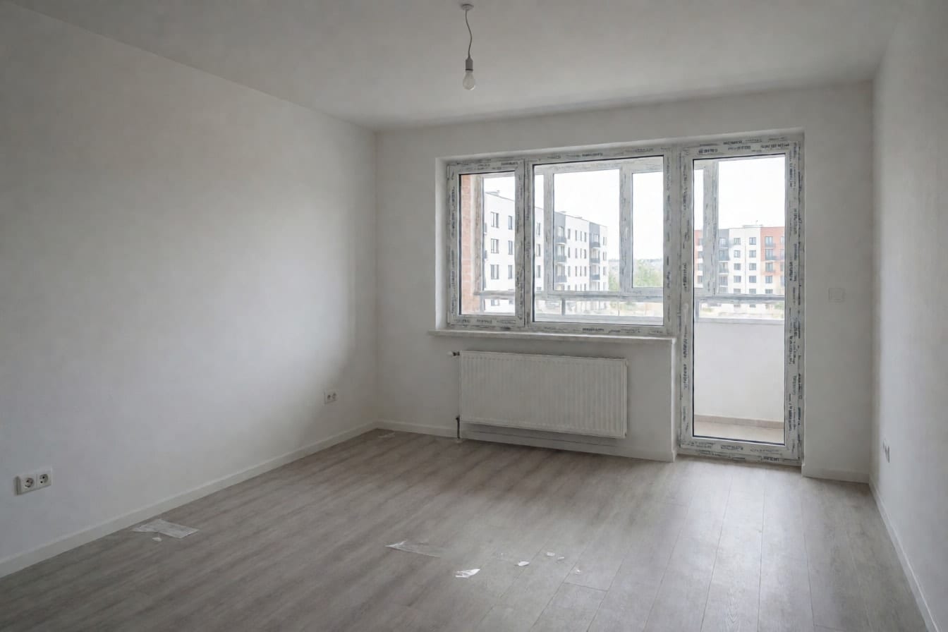 Living gol într-un bloc nou, cu pereți albi, laminat gri deschis, ușă de balcon și un bec atârnând din tavan