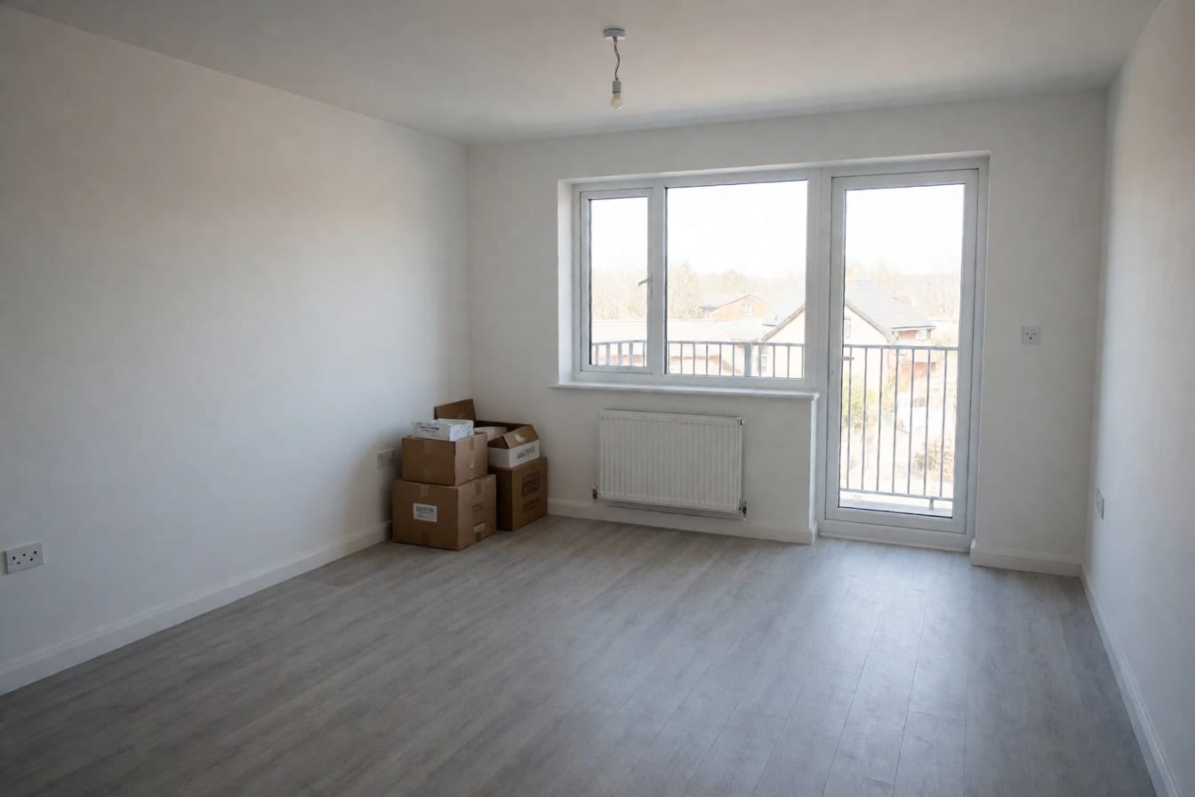 Leeres Neubauwohnzimmer mit weißen Wänden, grauem Vinylboden, Balkontür, nackter Glühbirne und Umzugskartons