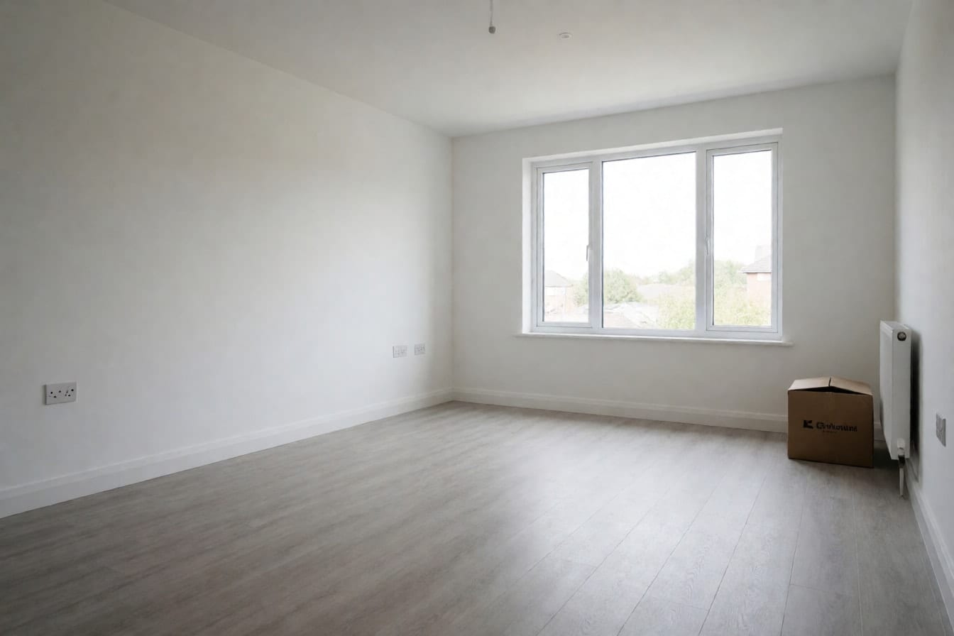 An empty living room in a newly built house, with white walls, a gray laminate floor and one moving box