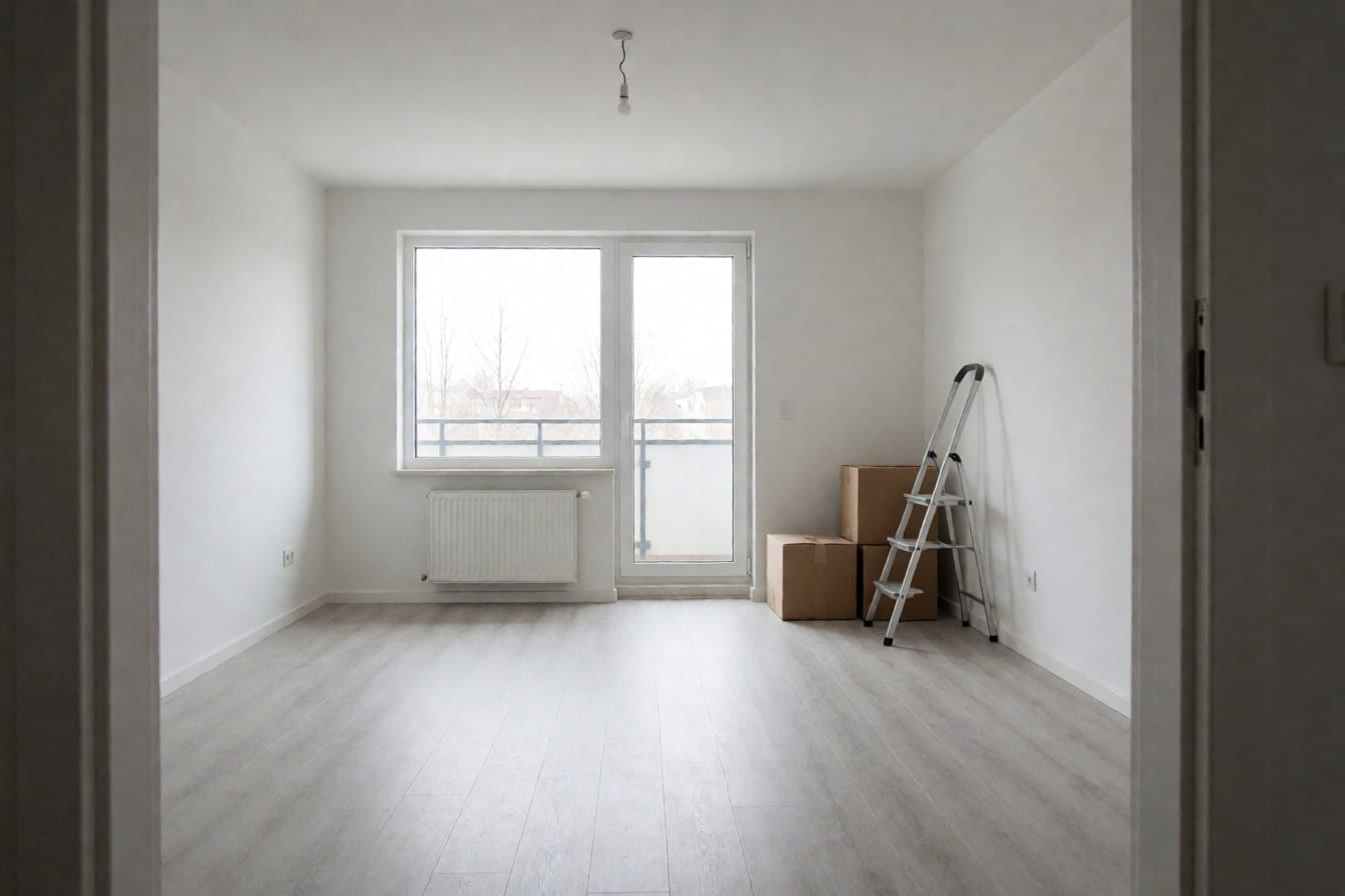 Leeres Wohnzimmer einer Neubauwohnung mit weißen Wänden, hellgrauem Vinylboden, Balkontür, Leiter und zwei Umzugskartons