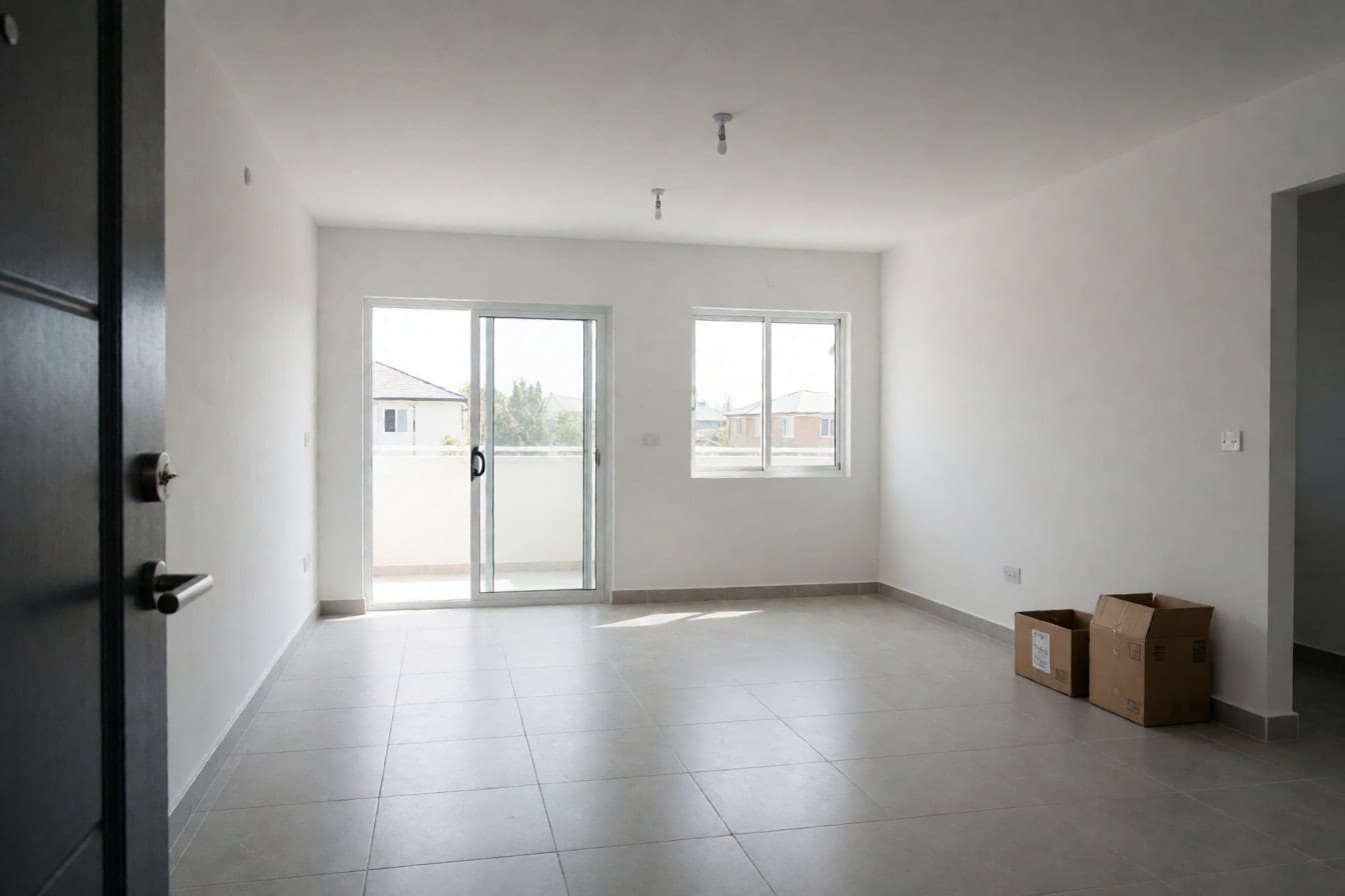 Zona giorno vuota di una casa nuova, pareti bianche, gres grigio chiaro e due scatoloni
