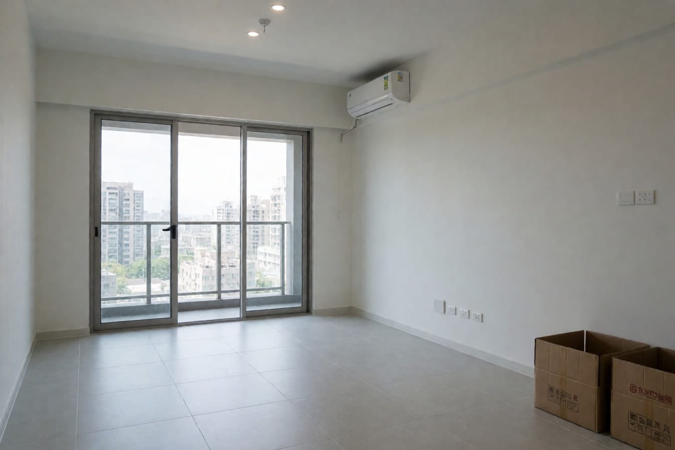 剛交屋的新成屋客廳：白牆、淺灰大尺寸磁磚、落地鋁門外是陽台與城市景色