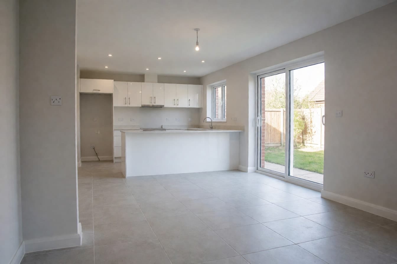 A new open-plan kitchen with a white island and an empty tiled floor where the dining table would stand