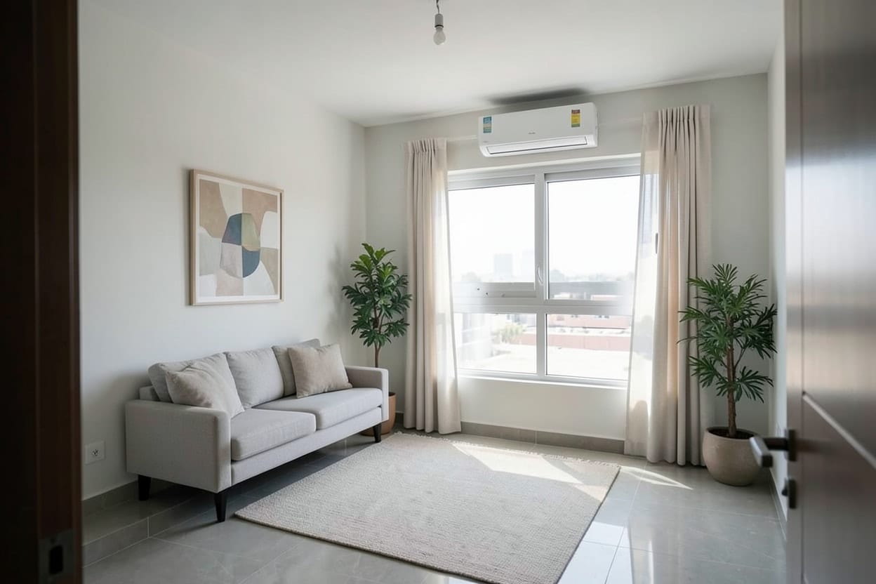 Bilik yang sama dilengkapi perabot minimalis dengan sofa rendah, permaidani dan rak ringkas